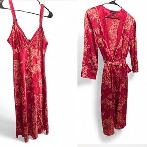 Jones New York Red Satin Robe and Nightgown Slip Dress Set vintage 90s